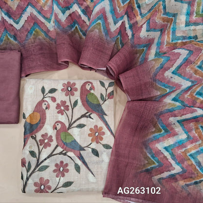 Beige and pink digital printed lightweight silk cotton unstitched salwar material, thread and silver zari woven buttas all over (Thin, Lining Needed) Matching santoon bottom, multicolored digital printed silk cotton dupatta. AG263102