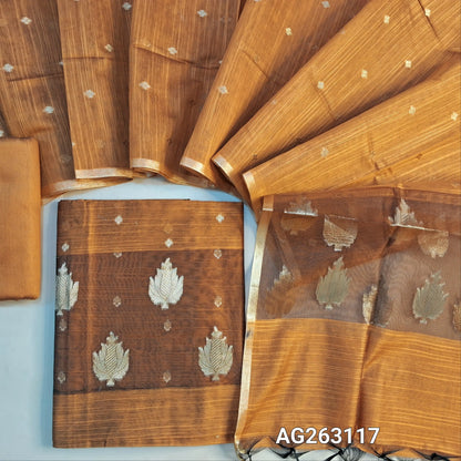 Honey Brown slub silk cotton unstitched salwar material, organza patch on daman, benarasi zari weaving all over (Lining Needed) Matching bottom, slub silk cotton dupatta with benarasi zari weaving. AG263117