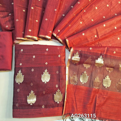 Reddish Maroon slub silk cotton unstitched salwar material, organza patch on daman, benarasi zari weaving all over (Lining Needed) Matching bottom, slub silk cotton dupatta with benarasi zari weaving. AG263115
