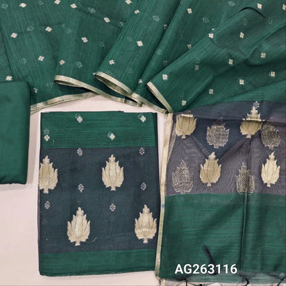 Dark Green slub silk cotton unstitched salwar material, organza patch on daman, benarasi zari weaving all over (Lining Needed) Matching bottom, slub silk cotton dupatta with benarasi zari weaving. AG263116