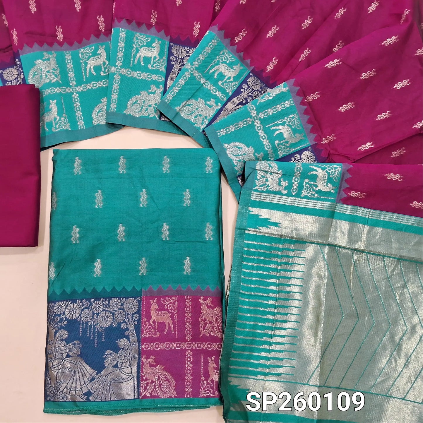 Turquoise blue benarasi woven silk cotton unstitched salwar material, rich weaving all over, colorful daman (Lining Needed) dark pink sun cotton bottom, benarasi silk cotton dupatta. SP260109