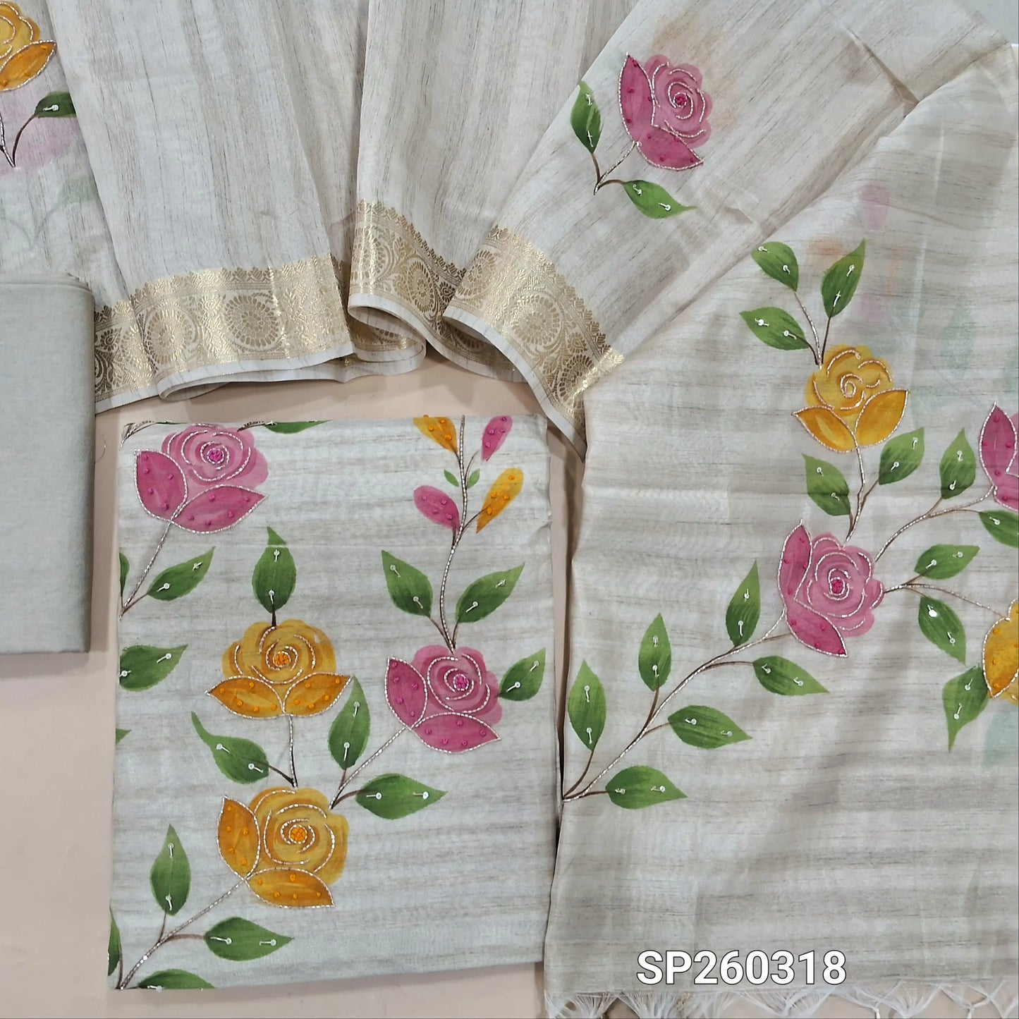 Rich beige tussar silk unstitched salwar material, cut bead detailing on front (Textured, Lining Needed) Matching silk cotton bottom, tussar silk dupatta with bead detailing and benarasi borders. SP260318