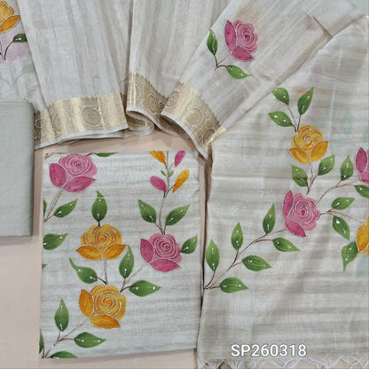 Rich beige tussar silk unstitched salwar material, cut bead detailing on front (Textured, Lining Needed) Matching silk cotton bottom, tussar silk dupatta with bead detailing and benarasi borders. SP260318