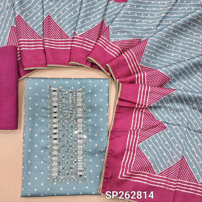 Powder blue pure gaiji silk unstitched salwar material, bandhini printed all over,real mirror and thread work on yoke, (HEAVY FABRIC)pink santoon bottom, printed gaiji silk dupatta with tapping. SP262814