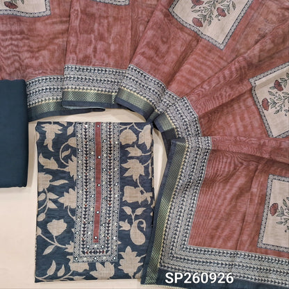 Black digital printed premium silk cotton unstitched salwar material, simple sequins and bead work on yoke (Lining Needed)matching spun cotton bottom, digital printed silk cotton dupatta. SP260926