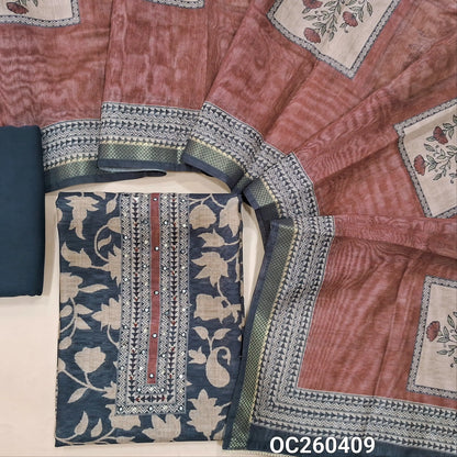 Black kalamkari printed soft silk cotton unstitched salwar material,printed yoke, (lining needed)cotton bottom, kalamkari printed full length soft silk cotton dupatta with pallu. OC260409