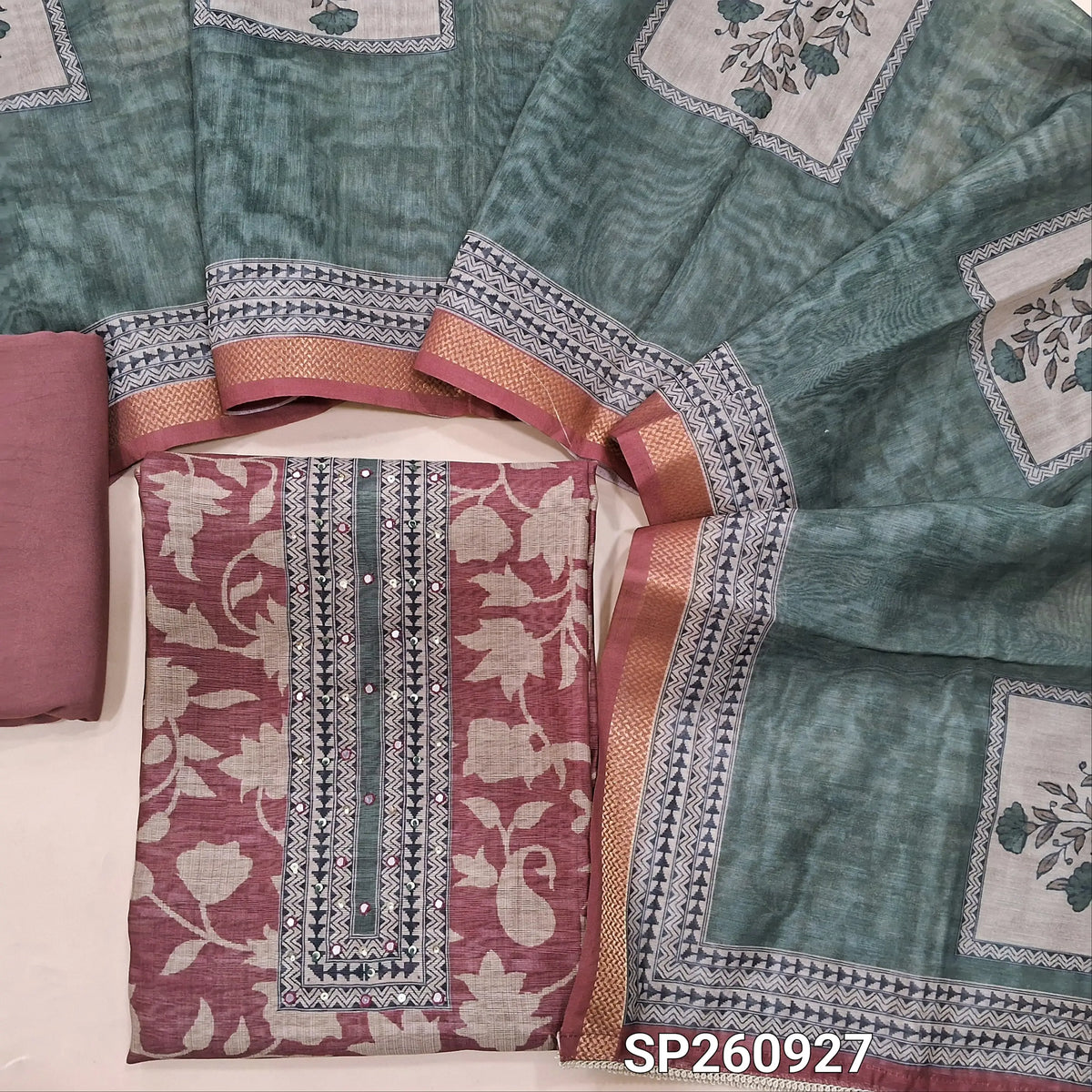 Pink digital printed premium silk cotton unstitched salwar material, simple sequins and bead work on yoke (Lining Needed)matching spun cotton bottom, digital printed silk cotton dupatta. SP260927