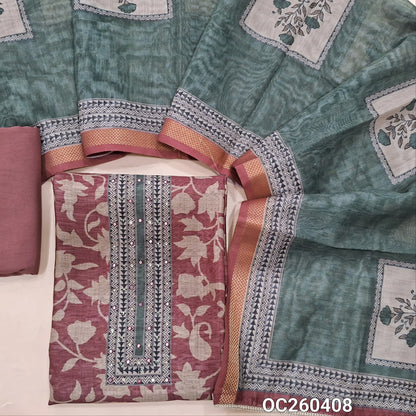 Maroon kalamkari printed soft silk cotton unstitched salwar material,printed yoke, (lining needed)cotton bottom, kalamkari printed full length soft silk cotton dupatta with pallu. OC260408