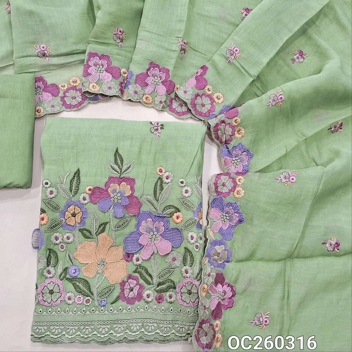 Pastel green mul chanderi unstitched salwar material,embroidery on front,floral embroidery work on daman,( soft,lining needed)cotton bottom,embroidery on  mul chanderi dupatta with floral embroidery and cut work. OC260316