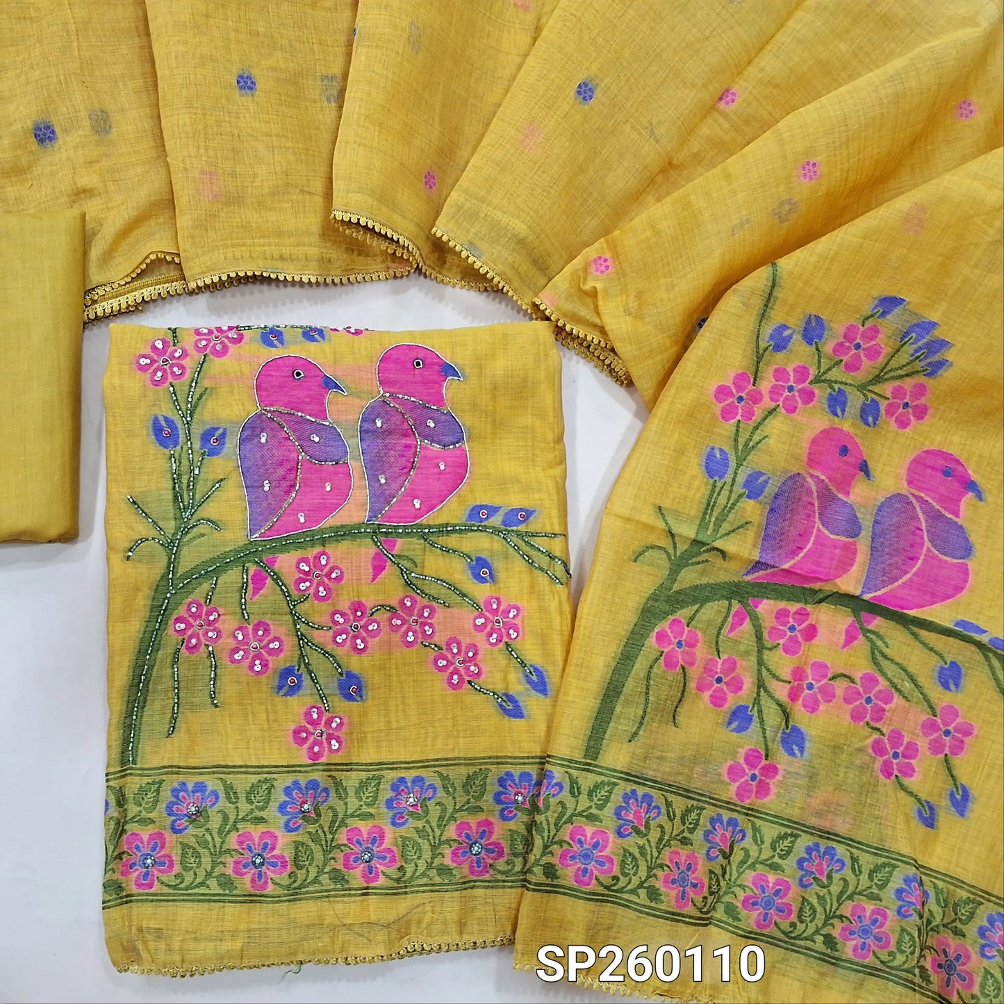 Bright Mehandhi Yellow jamdani woven silk cotton unstitched salwar material, zardosi and bead detailing on front (Thin, Lining Needed) Matching cotton bottom, jamdani woven silk cotton dupatta. SP260110
