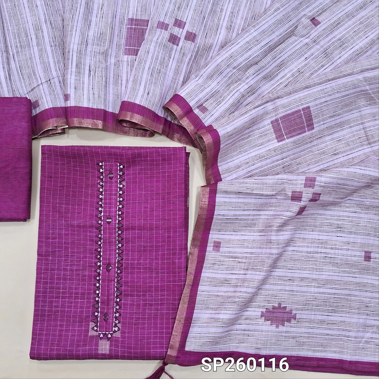 Light Beetroot Purple premium linen unstitched salwar material, real mirror work on yoke, jamdani weaving on top (Textured, Lining Optional) Matching linen bottom, thread woven linen dupatta with borders. SP260116