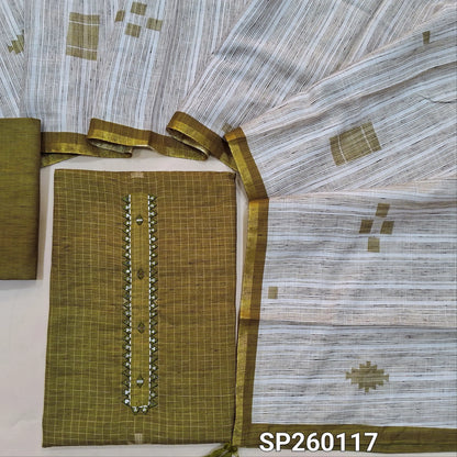 Dark Mehandhi Green premium linen unstitched salwar material, real mirror work on yoke, jamdani weaving on top (Textured, Lining Optional) Matching linen bottom, thread woven linen dupatta with borders. SP260117