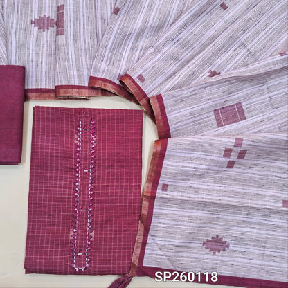 Dark pink premium linen unstitched salwar material, real mirror work on yoke, jamdani weaving on top (Textured, Lining Optional) Matching linen bottom, thread woven linen dupatta with borders. SP260118