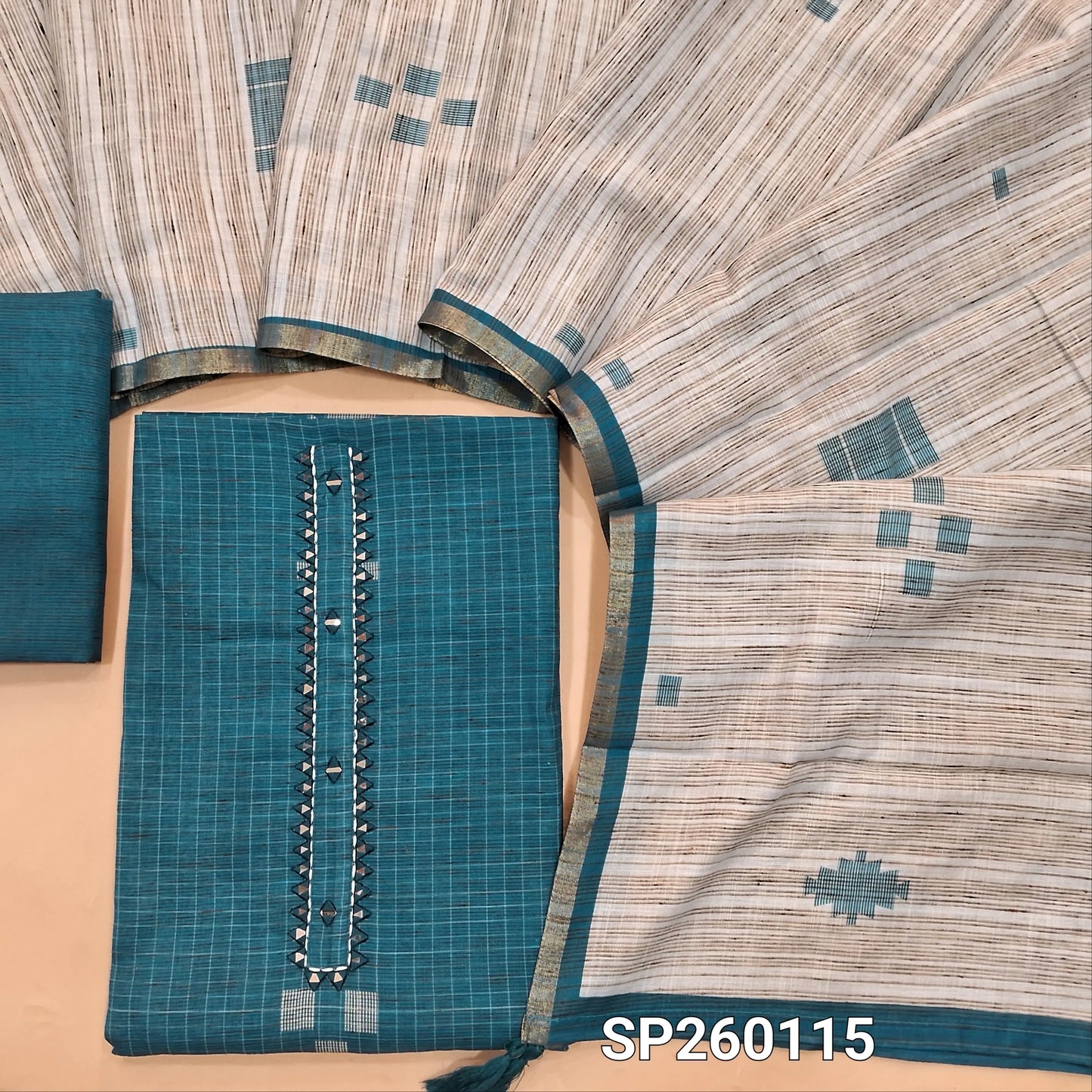 Teal Blue premium linen unstitched salwar material, real mirror work on yoke, jamdani weaving on top (Textured, Lining Optional) Matching linen bottom, thread woven linen dupatta with borders. SP260115