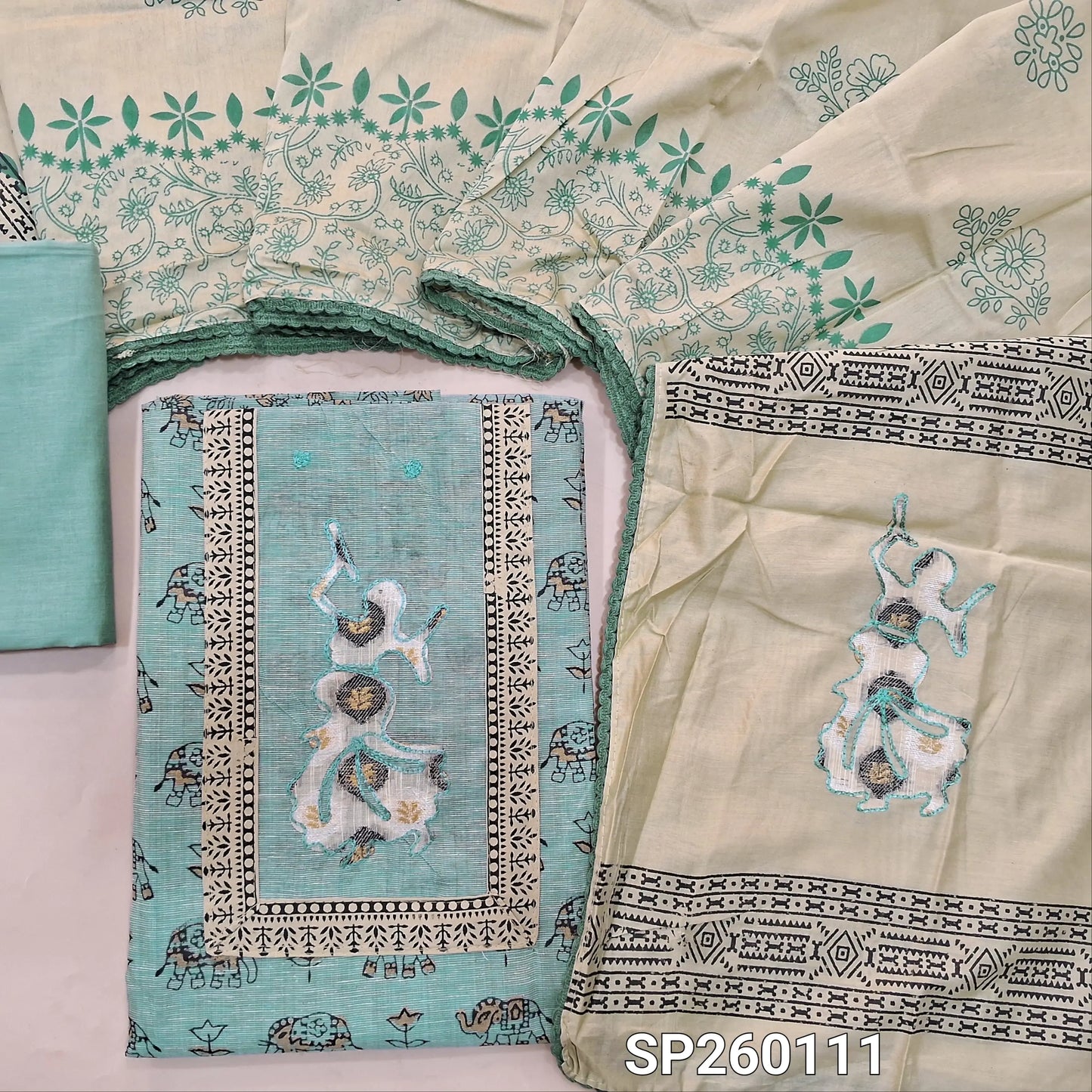 Pastel Blue pure cotton hand block printed unstitched salwar material, hand embroidery on yoke (Lining Needed) Matching bottom, soft silk cotton dupatta with hand block prints. SP260111