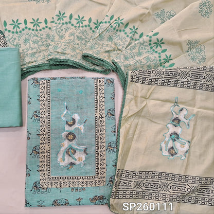 Pastel Blue pure cotton hand block printed unstitched salwar material, hand embroidery on yoke (Lining Needed) Matching bottom, soft silk cotton dupatta with hand block prints. SP260111