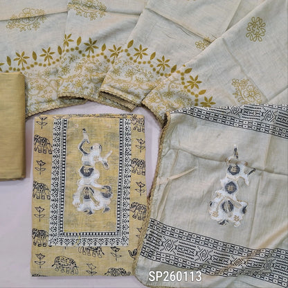 Beige pure cotton hand block printed unstitched salwar material, hand embroidery on yoke (Lining Needed) Matching bottom, soft silk cotton dupatta with hand block prints. SP260113