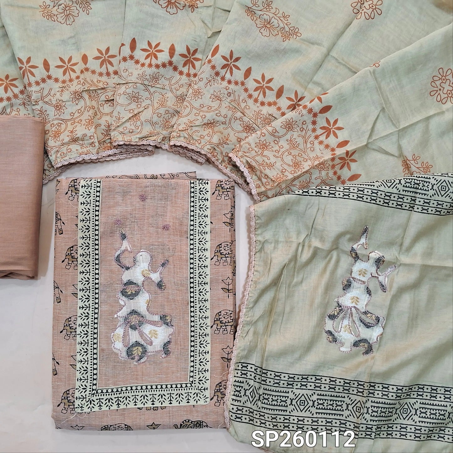 Pastel Pink pure cotton hand block printed unstitched salwar material, hand embroidery on yoke (Lining Needed) Matching bottom, soft silk cotton dupatta with hand block prints. SP260112