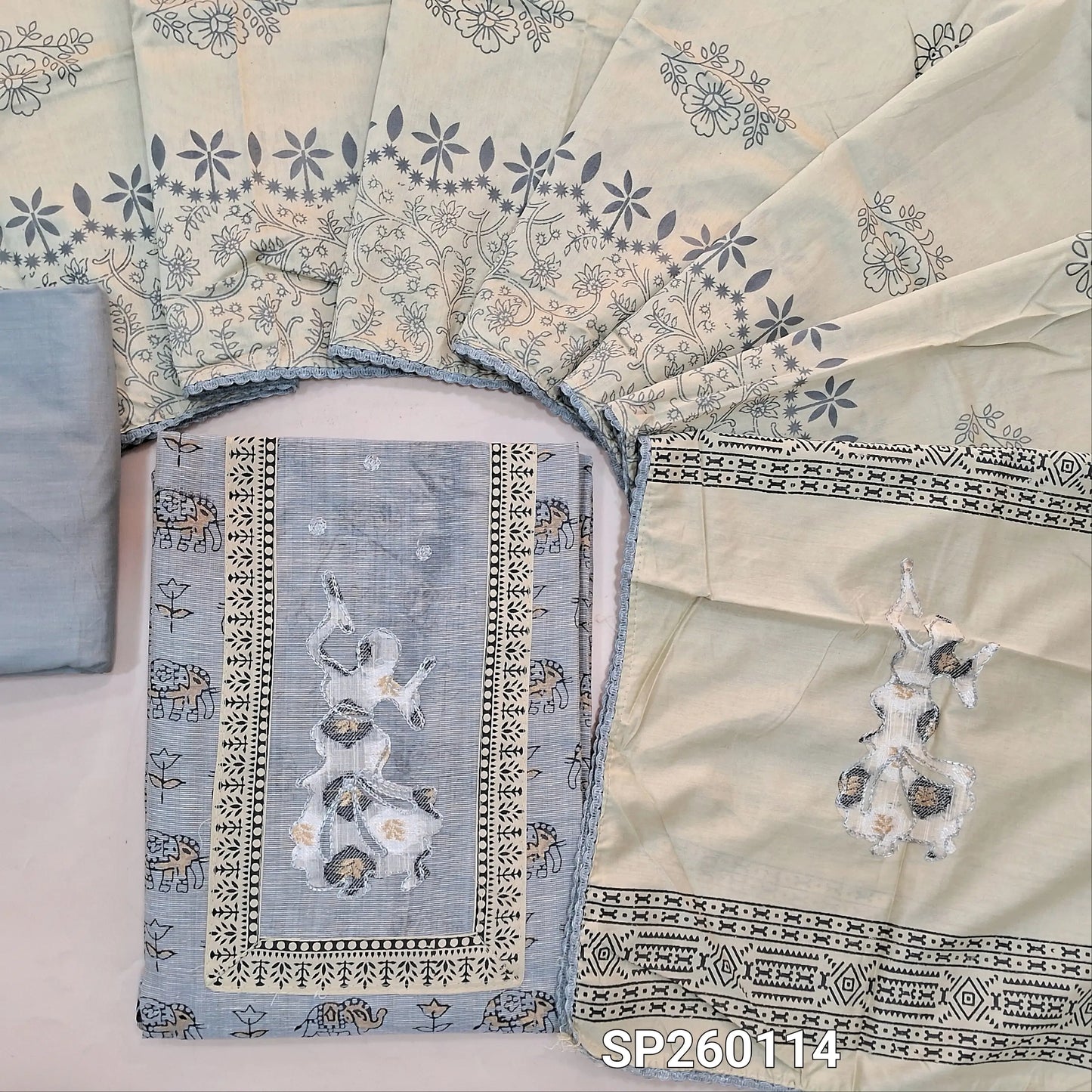 Light Grey pure cotton hand block printed unstitched salwar material, hand embroidery on yoke (Lining Needed) Matching bottom, soft silk cotton dupatta with hand block prints. SP260114