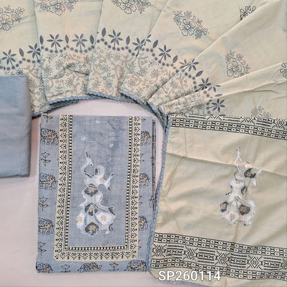 Light Grey pure cotton hand block printed unstitched salwar material, hand embroidery on yoke (Lining Needed) Matching bottom, soft silk cotton dupatta with hand block prints. SP260114