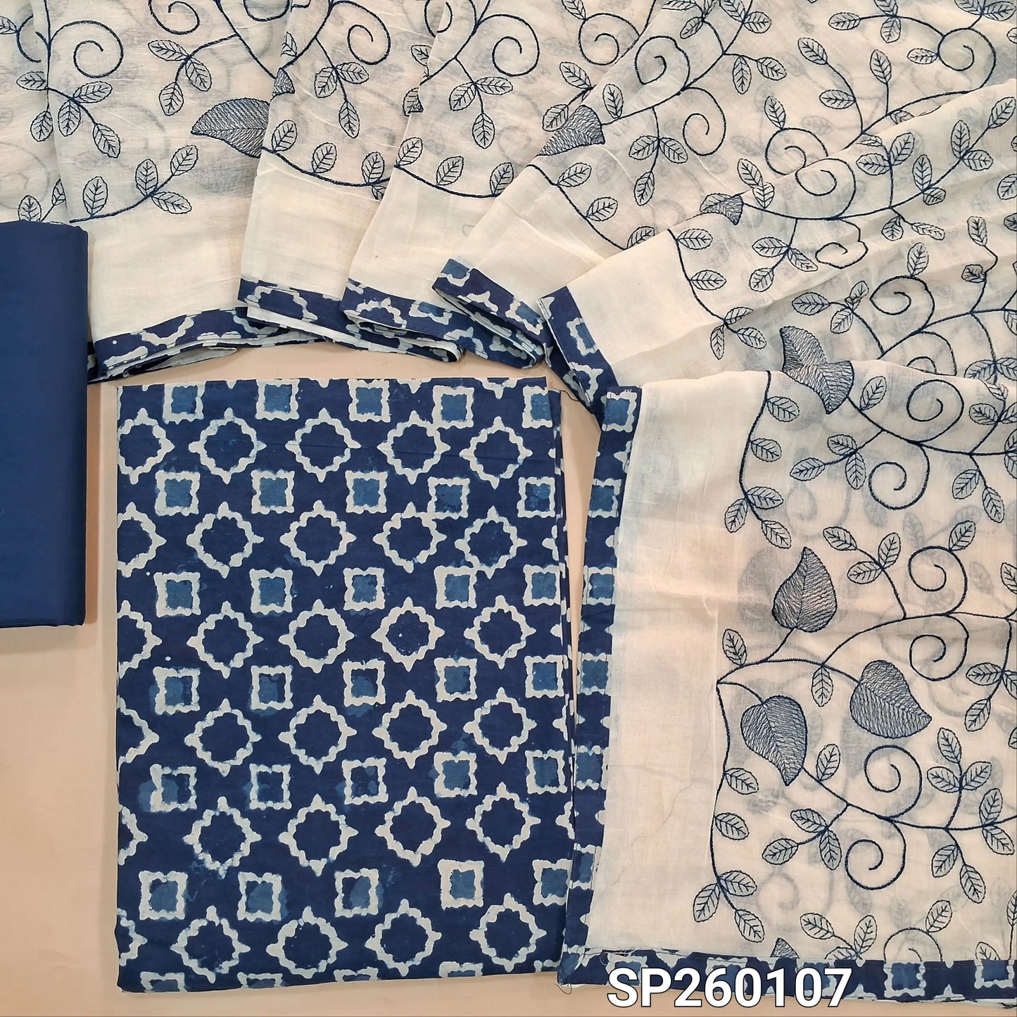 Indigo blue pure cotton hand block printed unstitched salwar material (Lining Optional) matching cotton bottom, embroidered soft mul cotton dupatta with printed tapings. SP260107