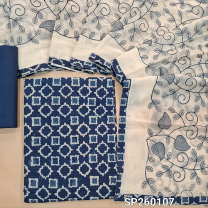 Indigo blue pure cotton hand block printed unstitched salwar material (Lining Optional) matching cotton bottom, embroidered soft mul cotton dupatta with printed tapings. SP260107
