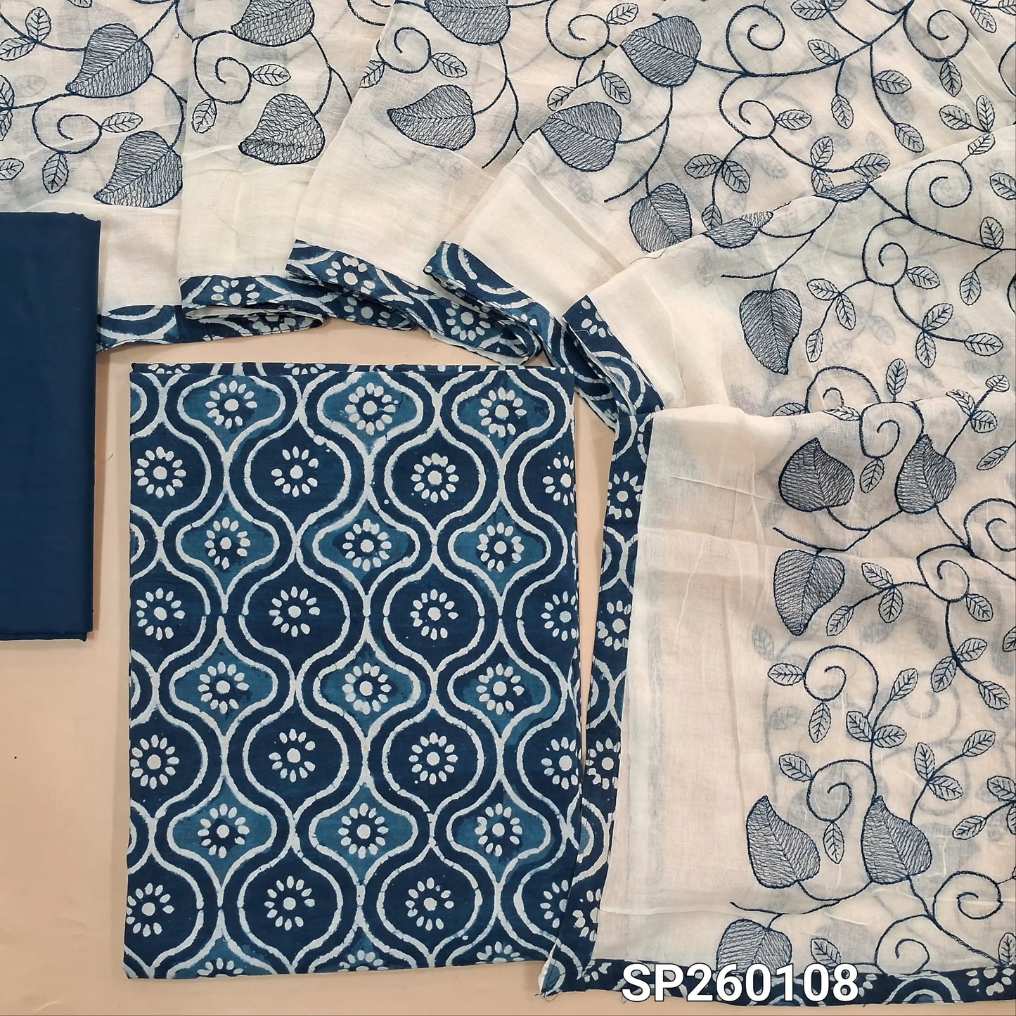 Indigo blue pure cotton hand block printed unstitched salwar material (Lining Optional) matching cotton bottom, embroidered soft mul cotton dupatta with printed tapings. SP260108