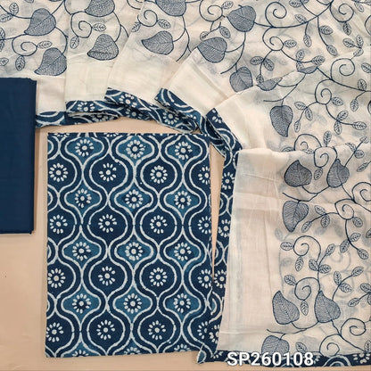 Indigo blue pure cotton hand block printed unstitched salwar material (Lining Optional) matching cotton bottom, embroidered soft mul cotton dupatta with printed tapings. SP260108