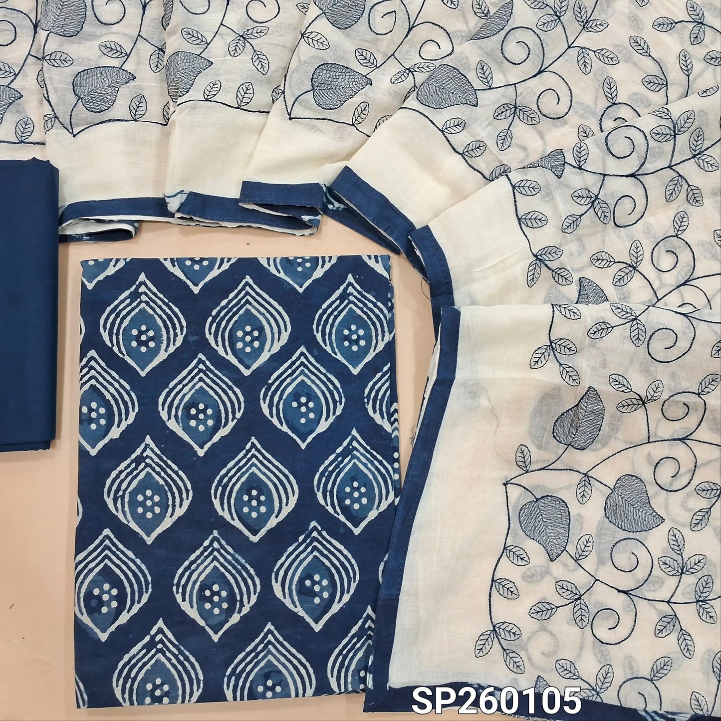Indigo blue pure cotton hand block printed unstitched salwar material (Lining Optional) matching cotton bottom, embroidered soft mul cotton dupatta with printed tapings. SP260105