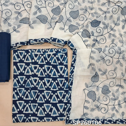 Indigo blue pure cotton hand block printed unstitched salwar material (Lining Optional) matching cotton bottom, embroidered soft mul cotton dupatta with printed tapings. SP260106