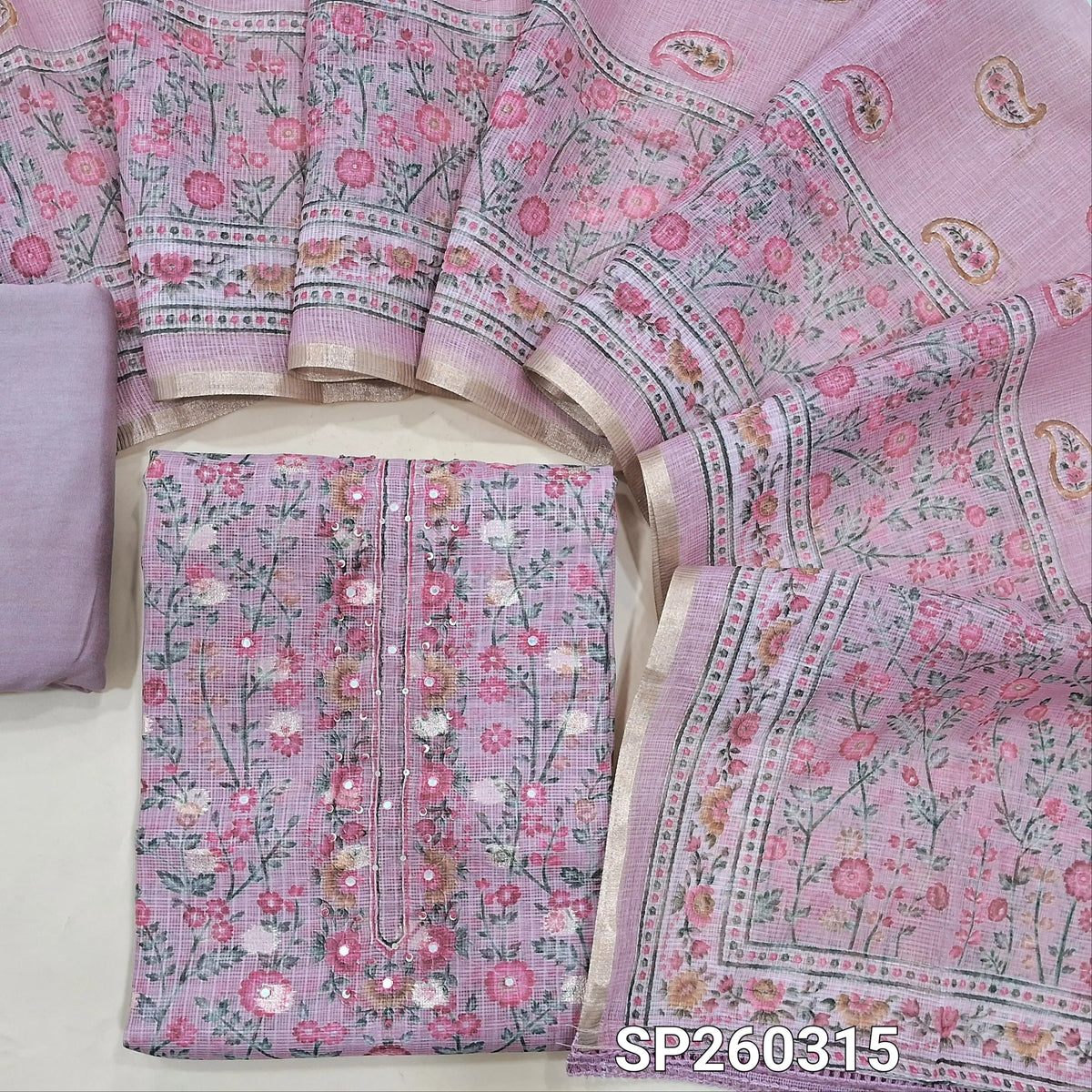 Mauve benarasi chanderi kota unstitched salwar material, digital prints all over, benarasi buttas all over, simple yoke (Thin, Lining Needed) Matching spun cotton bottom, benarasi chanderi kota printed dupatta with borders. SP260315
