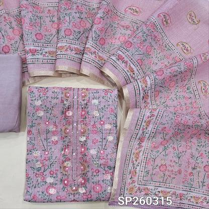 Mauve benarasi chanderi kota unstitched salwar material, digital prints all over, benarasi buttas all over, simple yoke (Thin, Lining Needed) Matching spun cotton bottom, benarasi chanderi kota printed dupatta with borders. SP260315