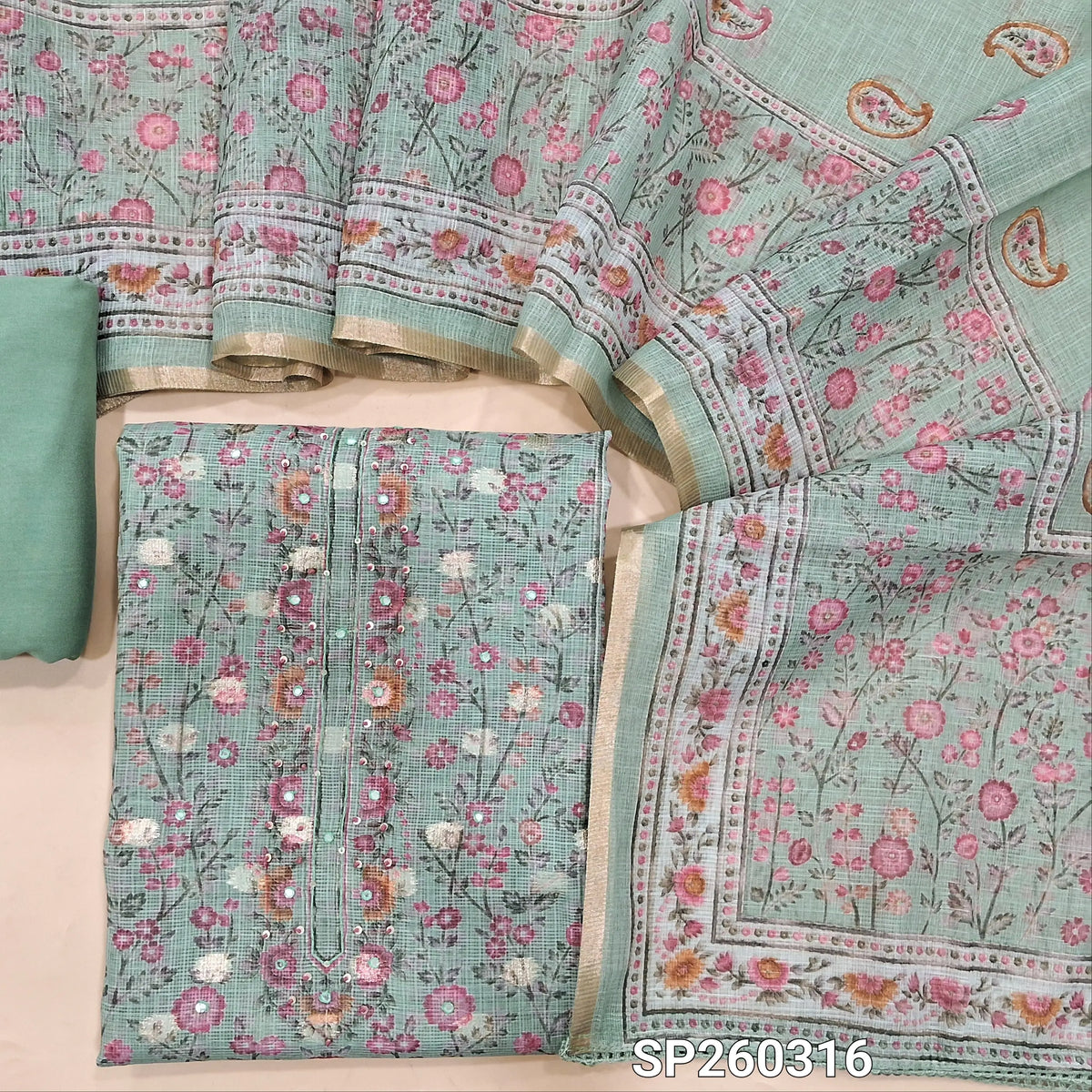 Pastel Blue benarasi chanderi kota unstitched salwar material, digital prints all over, benarasi buttas all over, simple yoke (Thin, Lining Needed) Matching spun cotton bottom, benarasi chanderi kota printed dupatta with borders. SP260316