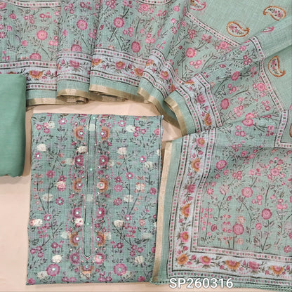 Pastel Blue benarasi chanderi kota unstitched salwar material, digital prints all over, benarasi buttas all over, simple yoke (Thin, Lining Needed) Matching spun cotton bottom, benarasi chanderi kota printed dupatta with borders. SP260316