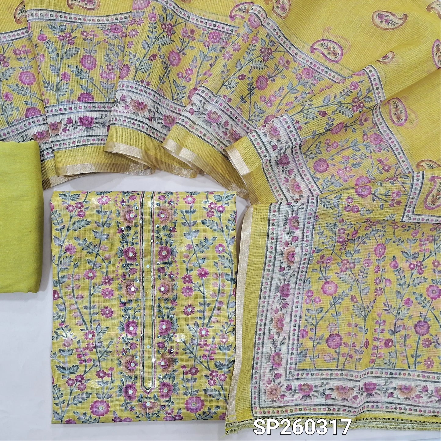 Light mehandhi green benarasi chanderi kota unstitched salwar material, digital prints all over, benarasi buttas all over, simple yoke (Thin, Lining Needed) Matching spun cotton bottom, benarasi chanderi kota printed dupatta with borders. SP260317
