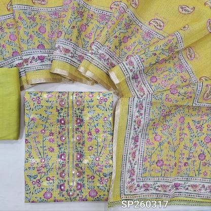 Light mehandhi green benarasi chanderi kota unstitched salwar material, digital prints all over, benarasi buttas all over, simple yoke (Thin, Lining Needed) Matching spun cotton bottom, benarasi chanderi kota printed dupatta with borders. SP260317