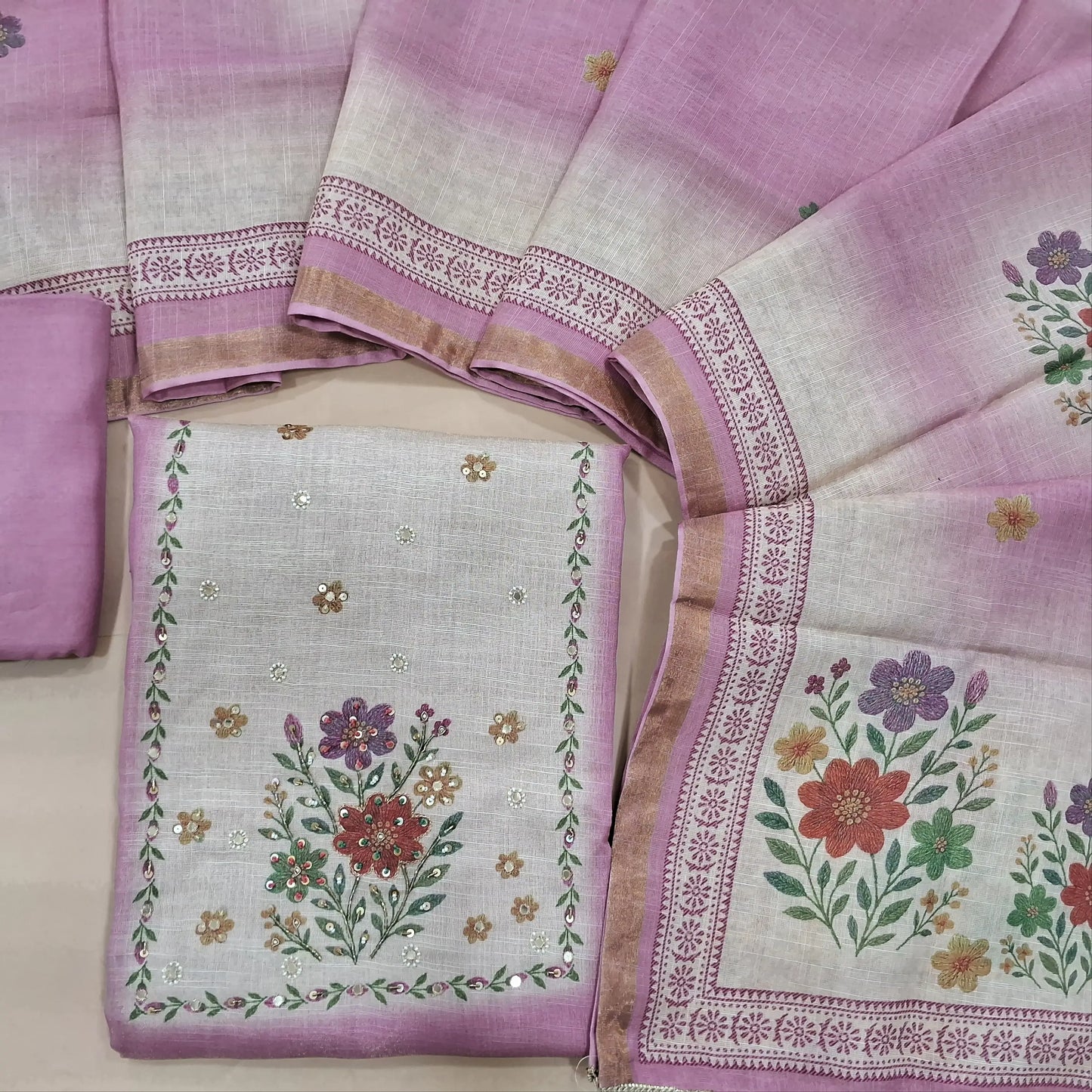 Pink digital printed dual shaded tissue linen unstitched salwar material, cut bead and embroidery on yoke (Textured, Lining Needed) Matching Santoon Bottom, digital printed tissue linen dupatta. SP260212
