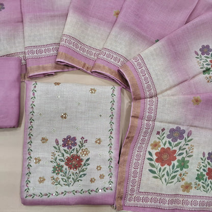 Pink digital printed dual shaded tissue linen unstitched salwar material, cut bead and embroidery on yoke (Textured, Lining Needed) Matching Santoon Bottom, digital printed tissue linen dupatta. SP260212