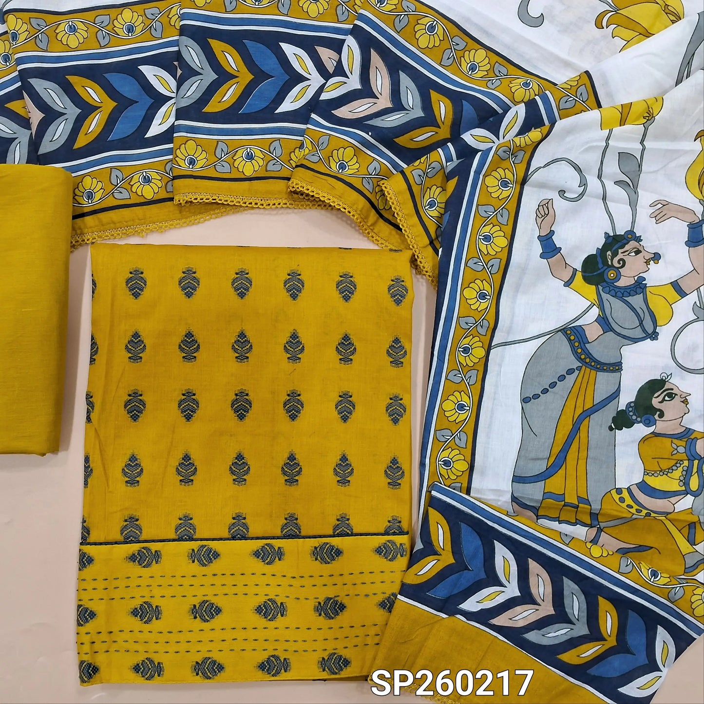 Mehandhi yellow cotton unstitched salwar material, thread weaving all over, kantha work on daman (Lining Needed) Matching cotton bottom, digital printed soft mul cotton short width dupatta. SP260217