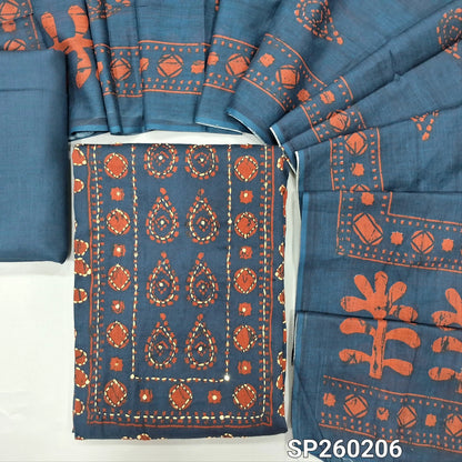 Navy Blue pure cotton printed unstitched salwar material with hand embroidery on front (Soft, Lining Needed) Matching Santoon Bottom, Digital printed cotton dupatta. SP260206