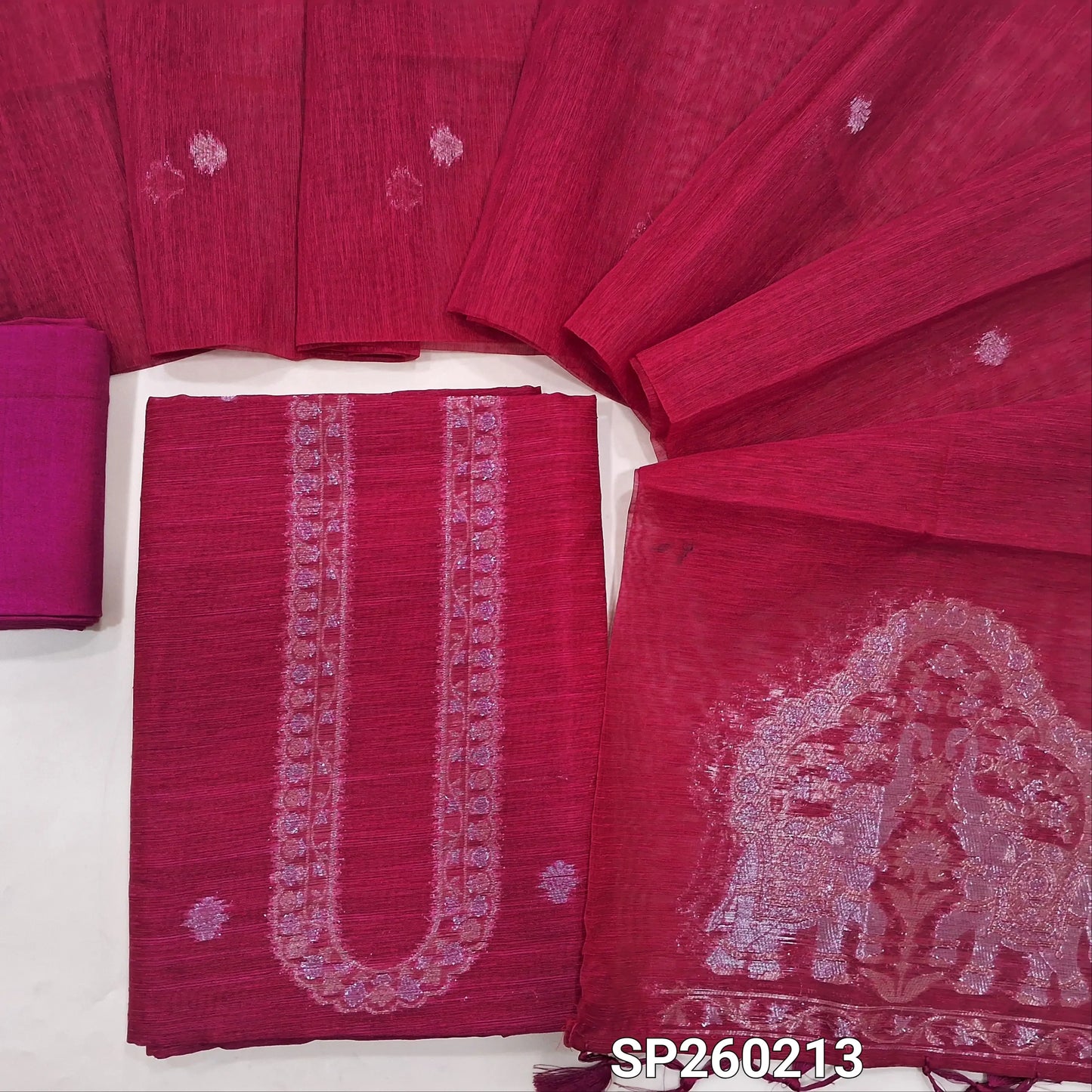 Bright Pink tussar unstitched salwar material with rich gold and silver jamdani weaving on yoke and daman (Thin, Lining Needed) Matching  santoon Bottom, jamdani woven tussar dupatta with handmade tassels. SP260213