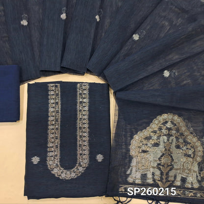 Navy Blue tussar unstitched salwar material with rich gold and silver jamdani weaving on yoke and daman (Thin, Lining Needed) Matching  santoon Bottom, jamdani woven tussar dupatta with handmade tassels. SP260215