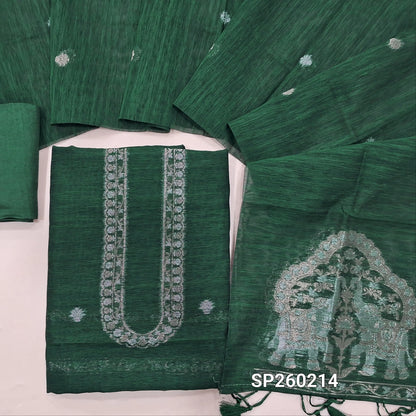 Bottle Green tussar unstitched salwar material with rich gold and silver jamdani weaving on yoke and daman (Thin, Lining Needed) Matching  santoon Bottom, jamdani woven tussar dupatta with handmade tassels. SP260214