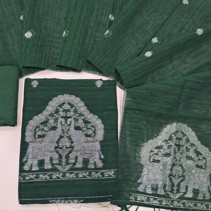 Bottle Green tussar unstitched salwar material with rich gold and silver jamdani weaving on yoke and daman (Thin, Lining Needed) Matching  santoon Bottom, jamdani woven tussar dupatta with handmade tassels. SP260214