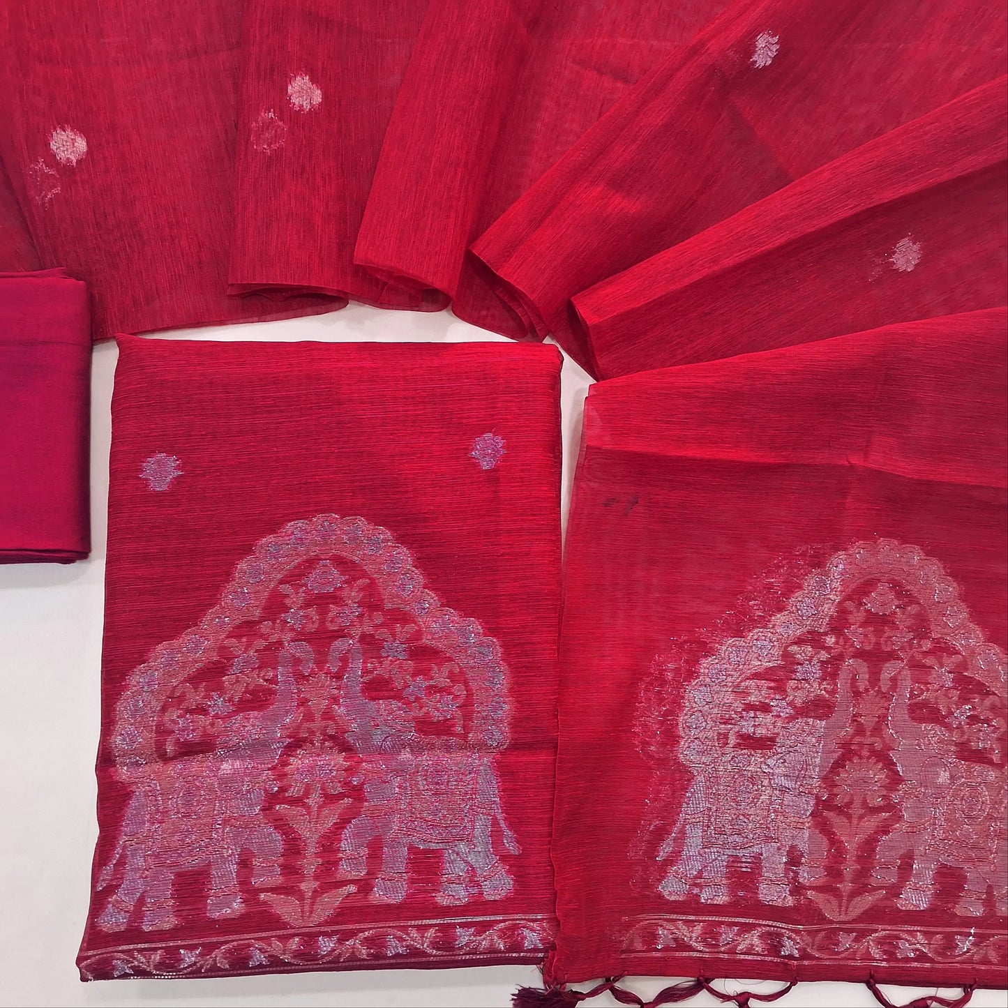 Bright Pink tussar unstitched salwar material with rich gold and silver jamdani weaving on yoke and daman (Thin, Lining Needed) Matching  santoon Bottom, jamdani woven tussar dupatta with handmade tassels. SP260213