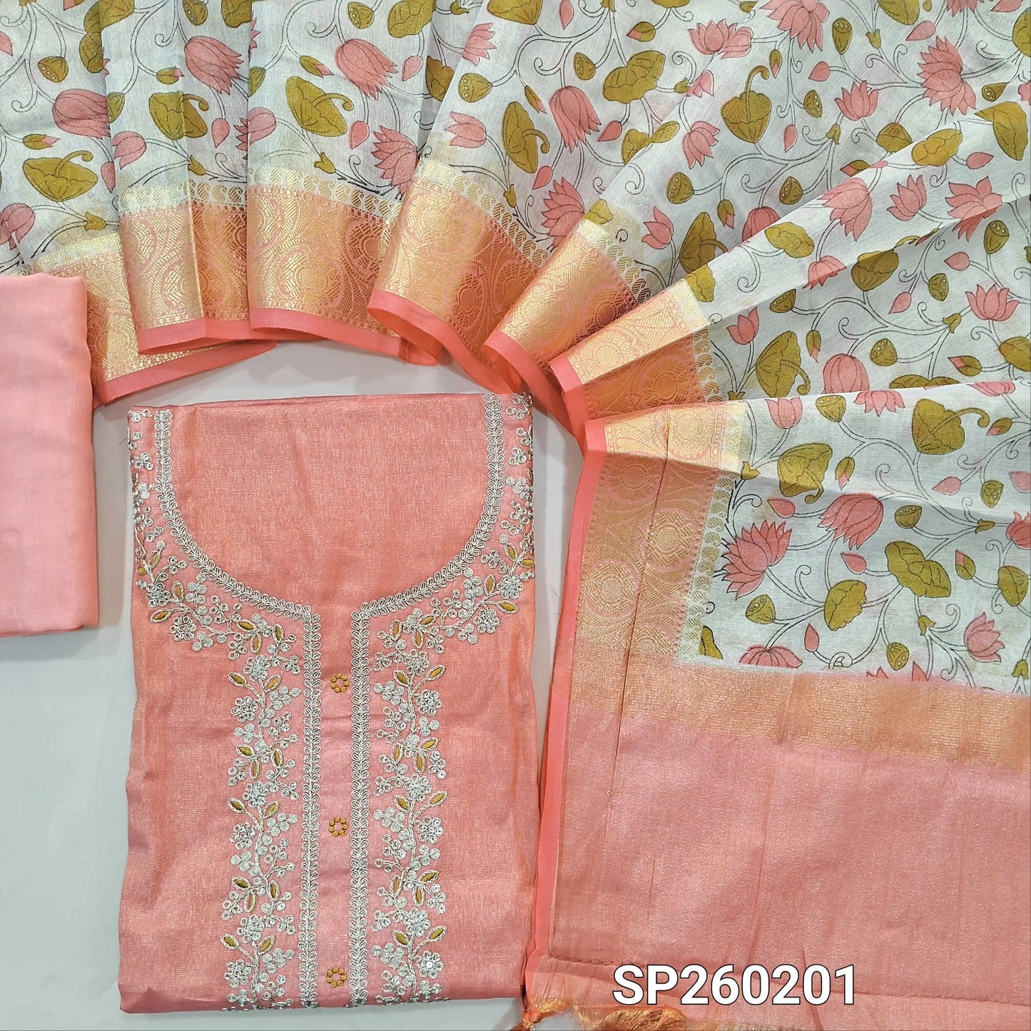 Pink with golden tint tissue silk cotton unstitched salwar material, embroidery and zari thread weaving on yoke (Lining Needed) Matching Silky Bottom, digital printed tissue silk cotton dupatta with benarasi zari woven borders. SP260202