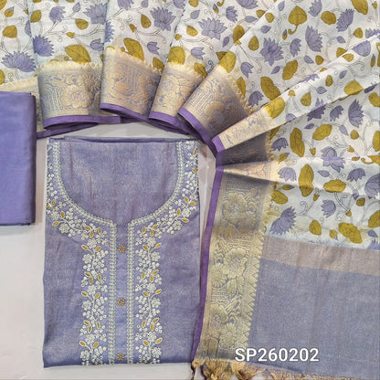 Purple with golden tint tissue silk cotton unstitched salwar material, embroidery and zari thread weaving on yoke (Lining Needed) Matching Silky Bottom, digital printed tissue silk cotton dupatta with benarasi zari woven borders. SP260201