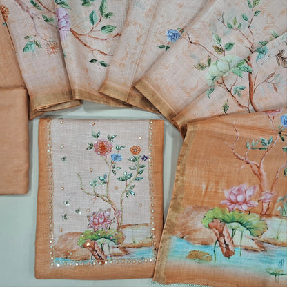 Peach digital printed dual shaded tissue linen unstitched salwar material, cut bead and embroidery on yoke (Textured, Lining Needed) Matching Santoon Bottom, digital printed tissue linen dupatta. SP260209