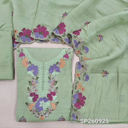Green pure mul chanderi unstitched salwar material, 3D Embroidery work on yoke and daman, embroidery on front (Thin, Lining Needed)matching cotton bottom, mul chanderi embroidered dupatta. SP260925