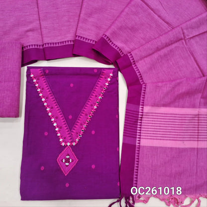 Dark purplish pink premium handloom cotton unstitched salwar material,thread woven buttas on front, v neck with real mirror on yoke, (lining optional)pink handloom cotton bottom,handloom cotton dupatta with contrast borders. OC261018